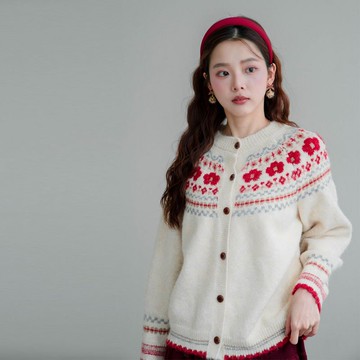 ★圖騰花朵排釦線條滾邊毛衣外套(共2色)1223 預購【NR2738】